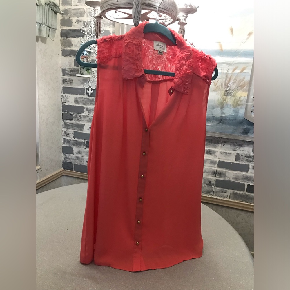 Elegant Coral Lace-Accent Blouse